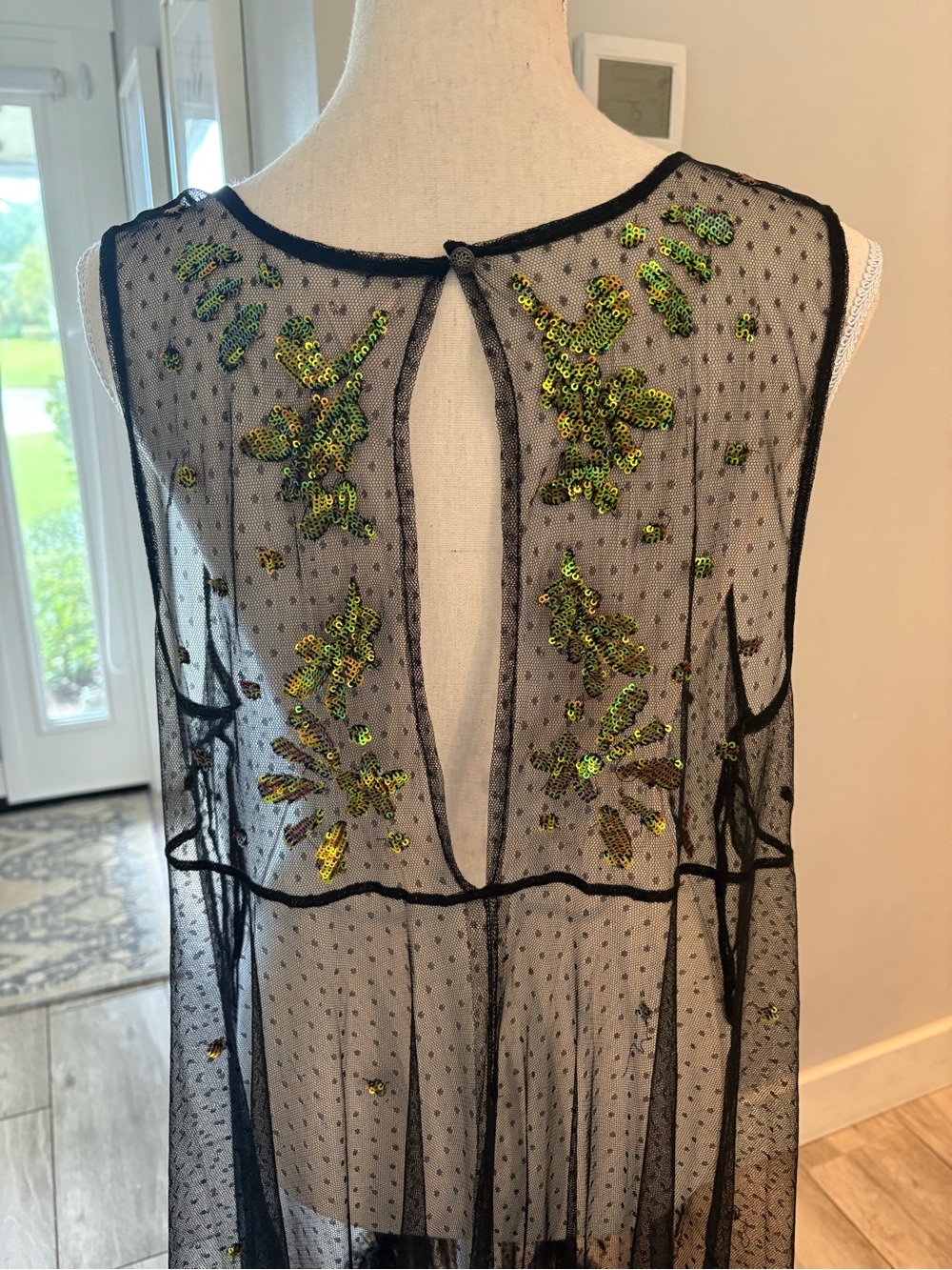 Free People Festival Black Sheer Mesh Dress with Green Sequin Embroidery, boho - Picture 6 of 11